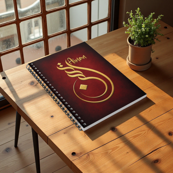 Personalized Aiman Sunbuli Arabic Calligraphy A-5 Notebook with 200 pages ruled papers and 300 grams front cover