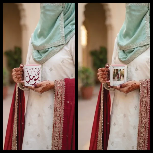 Personalized ceramic mug with Komal name in Arabic Diwani calligraphy and modest fashion Hijab illustration