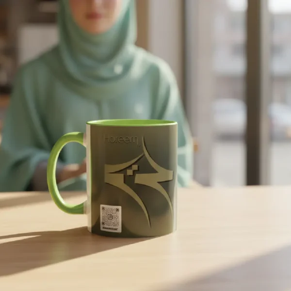 Personalized ceramic mug with Hareem name in Fusion Arabic calligraphy and modest fashion Hijab illustration